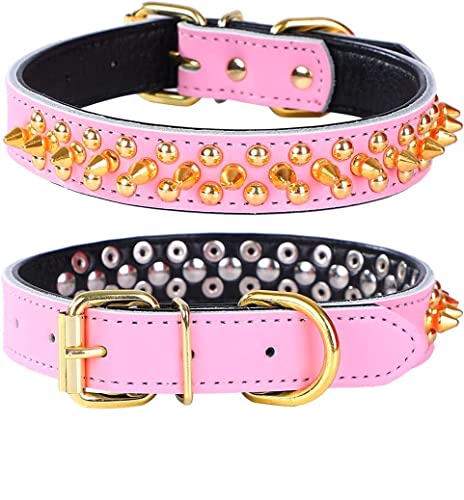 Bbmmayy Hundehalsband mit Nieten, weiches Echtleder Halsband, verstellbares Hundehalsband für kleine, mittelgroße und große Hunde, Rassen, Pit Bull (L passend für Halsumfang 36,8–47 cm, Rosa) von Bbmmayy