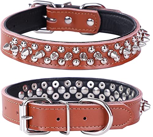 Bbmmayy Hundehalsband mit Nieten, weiches Echtleder, verstellbares Hundehalsband für kleine, mittelgroße und große Hunde, Rassen, Pit Bull (M Fit Halsumfang 29,2–38,1 cm, Braun2) von Bbmmayy