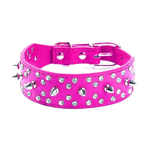 Bbmmayy Hundehalsband mit Strasssteinen, Spikes Nieten PU-Leder Hundehalsband, weich und verstellbar für mittelgroße und große Hunde (M, Hot Pink) von Bbmmayy