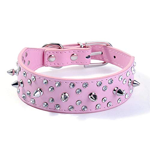 Bbmmayy Hundehalsband mit Strasssteinen, Spikes Nieten PU-Leder Hundehalsband, weich und verstellbar für mittelgroße und große Hunde (M, Rosa) von Bbmmayy