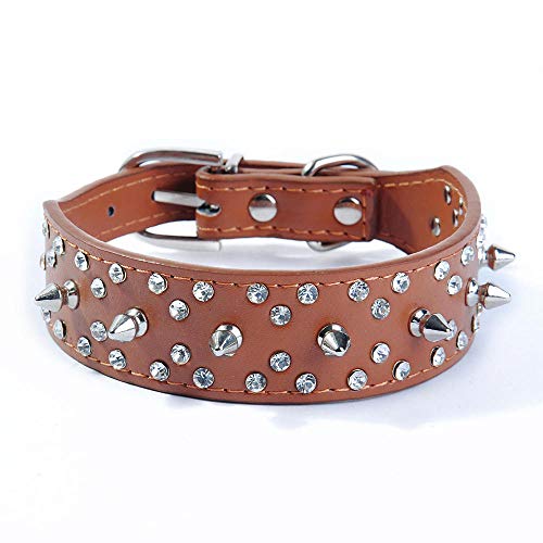 Bbmmayy Hundehalsband mit Strasssteinen, mit Spikes besetztes PU-Leder, Hundehalsband, weich und verstellbar, für mittelgroße und große Hunde (M, Braun) von Bbmmayy