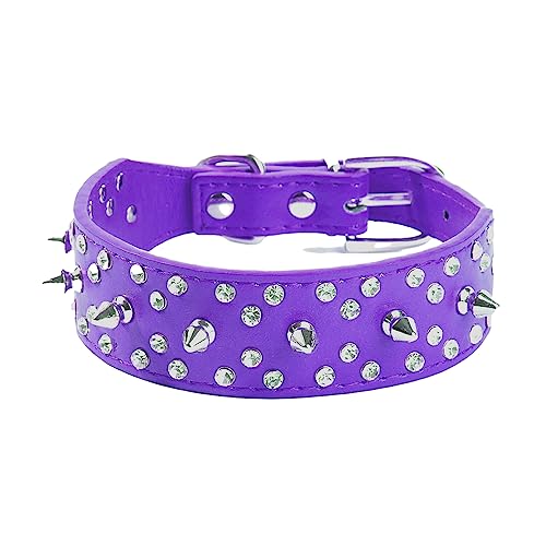 Bbmmayy Hundehalsband mit Strasssteinen, mit Spikes besetztes PU-Leder, weich und verstellbar, für mittelgroße und große Hunde (M, Lila) von Bbmmayy