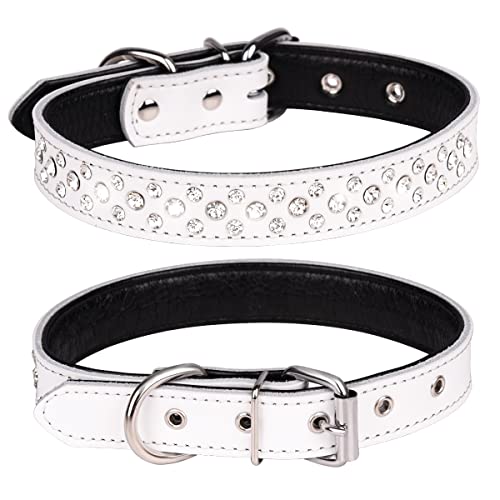 Bbmmayy Hunde Halsbänder, Hundehalsband mit Strasssteinen, verstellbar, glitzernd, echtes Leder, für kleine und mittelgroße Rassen (Größe L für Halsumfang 36,8–45,7 cm, Weiß) von Bbmmayy