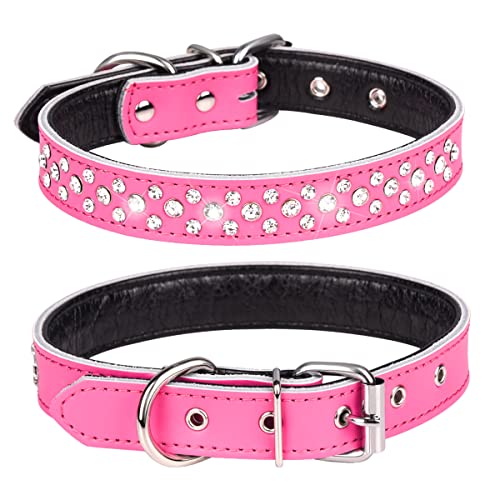 Bbmmayy Hundehalsband mit Strasssteinen, verstellbar, glitzernde Kristallbesetzung, echtes Leder, für kleine und mittelgroße Rassen, Größe L, Halsumfang 36,8–45,7 cm, Hot Pink von Bbmmayy