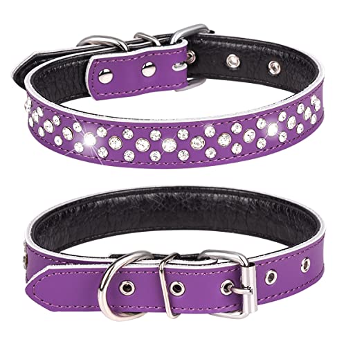 Bbmmayy Hundehalsband mit Strasssteinen, verstellbar, glitzernde Kristallnieten, echtes Leder, für kleine und mittelgroße Rassen, Größe L, Halsumfang 36,8–45,7 cm, Violett von Bbmmayy