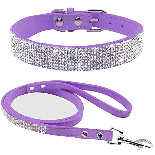 Bbmmayy Hundehalsband und Leine, Set aus Leder, mit Strasssteinen, niedlich, schillernd, funkelnd, weicher Samt, für Hunde, Katzen, Kristalldiamant, Welpenhalsband (M, Lila1) von Bbmmayy