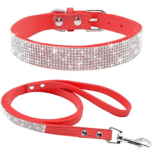 Bbmmayy Hundehalsband und Leine, Set aus Leder, mit Strasssteinen, niedlich, schillernd, funkelnd, weicher Samt, für Hunde und Katzen, Kristalldiamant, Welpenhalsband (XS, Rot1) von Bbmmayy