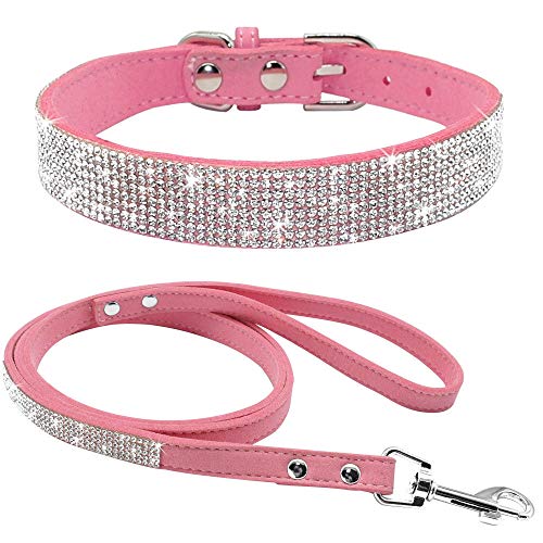 Bbmmayy Set aus Hundehalsband und Leine, Leder, mit Strasssteinen, niedlich, schillernd, funkelnd, weicher Samt, für Hunde, Katzen, Kristalldiamant, Welpenhalsband (L, Rosa1) von Bbmmayy