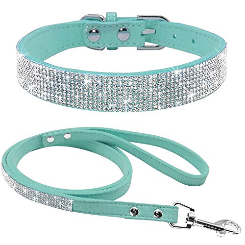 Bbmmayy Set aus Hundehalsband und Leine, Leder, mit Strasssteinen, niedlich, schillernd, funkelnd, weicher Samt, für Hunde, Katzen, Kristalldiamant, Welpenhalsband (XS, Hellblau 1) von Bbmmayy