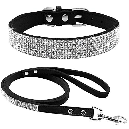 Bbmmayy Set aus Hundehalsband und Leine, Leder, mit Strasssteinen, niedlich, schillernd, funkelnd, weicher Samt, für Hunde, Katzen, Kristalldiamant, Welpenhalsband (XXS, Schwarz1) von Bbmmayy