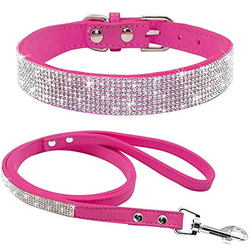 Bbmmayy Set aus Hundehalsband und Leine, Leder, mit Strasssteinen, niedlich, schillernd, funkelnd, weicher Samt, für Hunde und Katzen, Kristalldiamant, Welpenhalsband (XXS, Hot Pink1) von Bbmmayy