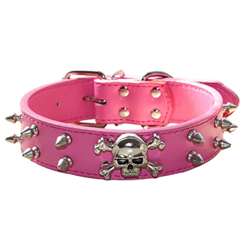 Bbmmayy Spiked Leder Hundehalsband, 2 Reihen Bullet Nieten Nieten Nieten PU Leder, Cool Skull Pet Halsband für mittelgroße und große Hunde (L, Hot Pink) von Bbmmayy