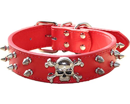 Bbmmayy Spiked Leder Hundehalsband, 2 Reihen Bullet Rivets Nieten Nieten PU Leder, Cool Skull Pet Halsband für mittelgroße und große Hunde (M, Rot) von Bbmmayy