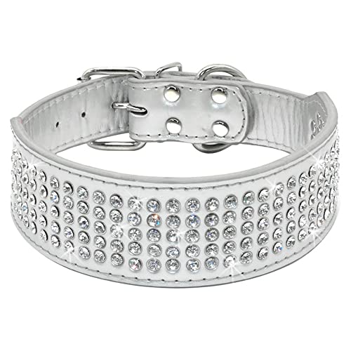 Bbmmayy Strass-Hundehalsband, 5,1 cm breit, volle funkelnde Kristalldiamanten, schillernd, funkelnd, elegant, ausgefallenes PU-Leder, Hundehalsband für mittelgroße und große Hunde (groß, silberfarben) von Bbmmayy