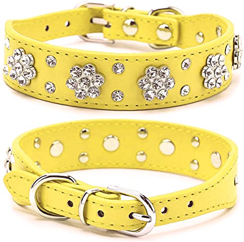 Bbmmayy Strass Hundehalsband, Niedliche Blume Strass Katzen Hundehalsband Bling Halsband PU Leder Halsband Verstellbare Größen Small Medium Large (M, Gelb) von Bbmmayy