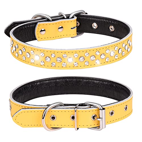 Bbmmayy Strass-Hundehalsband, verstellbar, glitzernd, mit Kristallnieten, echtes Leder, für kleine und mittelgroße Rassen (Größe M für Halsumfang 30,5–38,1 cm, Gelb) von Bbmmayy