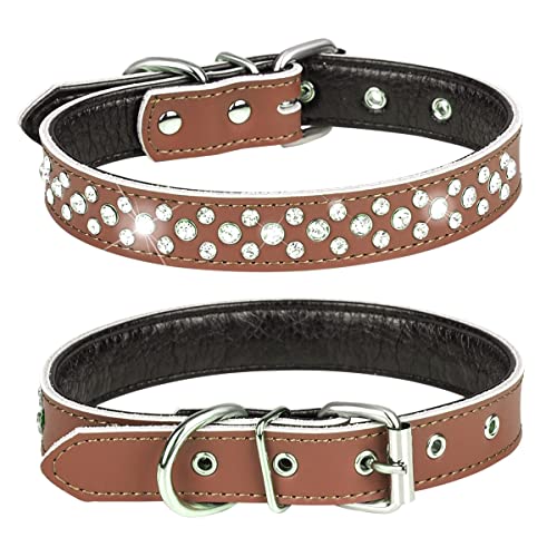 Bbmmayy Strass-Hundehalsband, verstellbar, glitzernd, mit Kristallnieten, echtes Leder, für kleine und mittelgroße Rassen (L passend für Halsumfang 36,8–45,7 cm, braun) von Bbmmayy