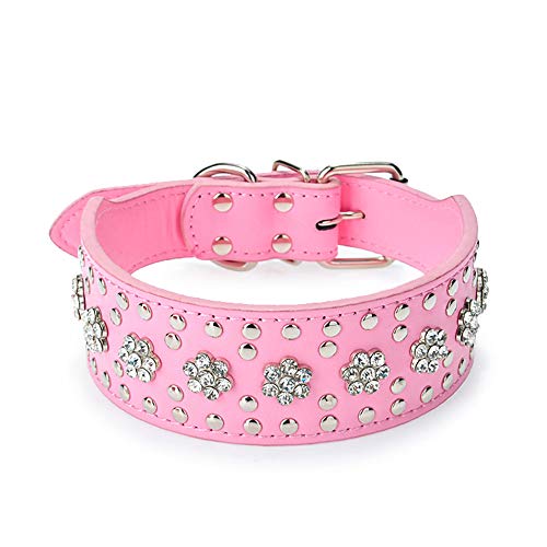 Bbmmayy Strasssteine Hundehalsbänder Blumenmuster Strass Nieten Leder Funkelnde Kristall Diamanten Schillernd Funkelnd Elegant Fancy PU Leder Hundehalsband für mittelgroße & große Hunde (M, Rosa) von Bbmmayy