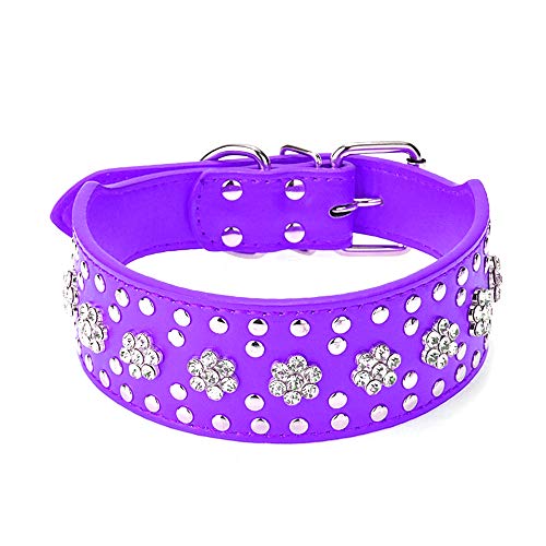 Bbmmayy Strasssteine Hundehalsbänder Blumenmuster Strass Nieten Leder Funkelnde Kristall Diamanten Schillernd Funkelnd Elegant Fancy PU Leder Hundehalsband für mittelgroße & große Hunde (M, Lila) von Bbmmayy