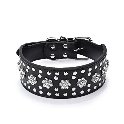 Bbmmayy Strasssteine Hundehalsbänder Blumenmuster Strass Nieten Leder Glitzernde Kristall Diamanten Schillernd Funkelnd Elegant Fancy PU Leder Hundehalsband für Mittlere & Große Hunde (L, Schwarz) von Bbmmayy