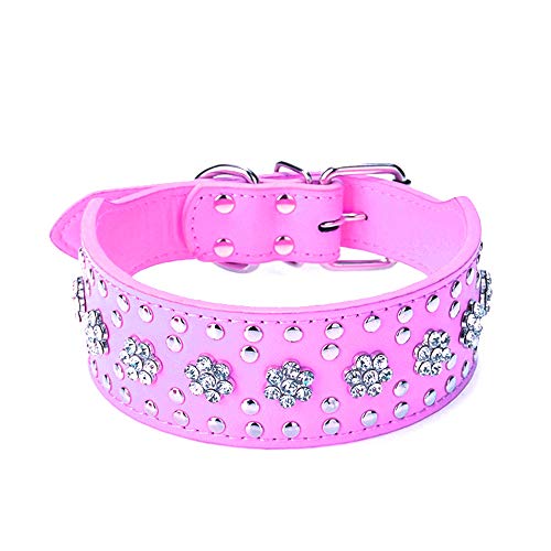 Bbmmayy Strasssteine Hundehalsbänder Blumenmuster Strass Nieten Leder Glitzernde Kristall Diamanten Schillernd Funkelnd Elegant Fancy PU Leder Hundehalsband für Mittlere & Große Hunde (L, Hot Pink) von Bbmmayy