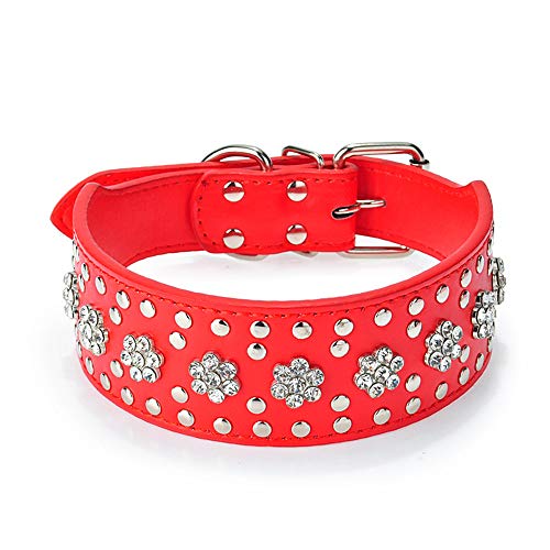 Bbmmayy Strasssteine Hundehalsbänder Blumenmuster Strass Nieten Leder Glitzernde Kristall Diamanten Schillernd Funkelnd Elegant Fancy PU Leder Hundehalsband für Mittlere & Große Hunde (M, Rot) von Bbmmayy