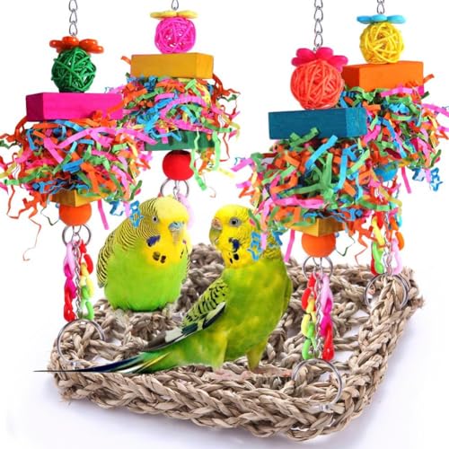 Bdukbduk Sittichspielzeug, Vogelspielzeug, Conure-Spielzeug, Vogelkäfigständer, Futterwand für Vögel, Aus Seegras Gewebte Hängematte, Schaukelmatte für Nymphensittiche von Bdukbduk