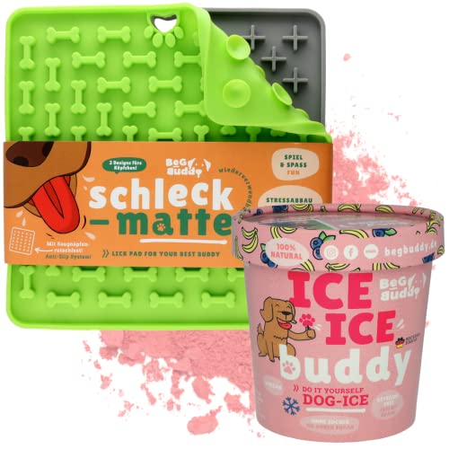 BeG Buddy® Schleckmatte + Geschmackspulver Starter-Kit, Leckmatte Hund + EIS Pulver [100% natürlich], rutschfeste Schleckmatte für Hunde, EIS für Hunde, extra Starke Saugkraft, Angst & Stress von BeG Buddy