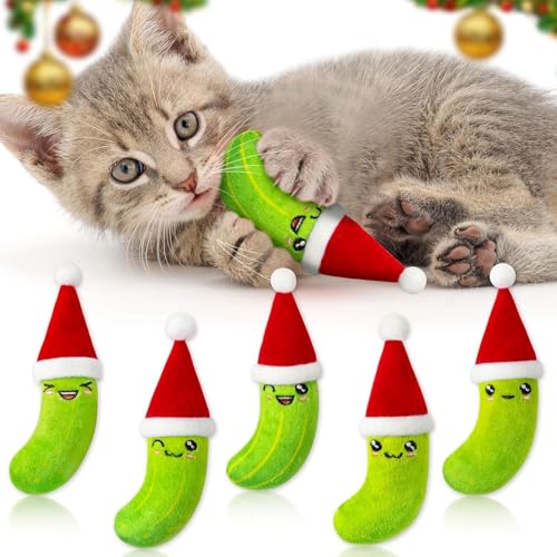 BeYumi Weihnachts-Katzenminz-Spielzeug - 5Stk Weihnachts-Gurken-Katzenminz Interaktives Katzen-Spielzeug Innenkatzen Weicher Plüsch mit Santa-Hut Kätzenteeth-Spielzeug-Set Haustier von BeYumi