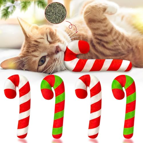 BeYumi 4 STK Weihnachts Zauberstab Katzen Catnip Spielzeug Geschenk für Katze, Indoor-Katzen Kauen Beissen Kick Plush Catmint Haustiere Spielzeug Katze Liebhaber Katzenspielzeug von BeYumi