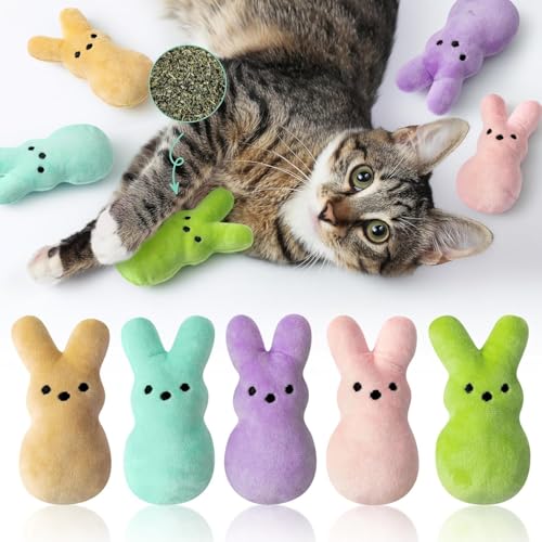 BeYumi 5Pcs Ostern Hasen Catnip Spielzeug Geschenk für Katze Hauskatzen Kauen Beissen Kicken Plush bunter Kaninchen Peeps Katzenminze Haustier Spielzeug Katzenliebhaber Geschenke süße interaktive von BeYumi