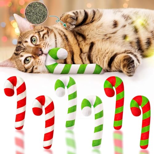 BeYumi 6 STK Weihnachts Zauberstab Catnip Spielzeug Set für Katzen, Hauskatzen zum Kauen, Beissen, Hoppeln, Plush Catmint Haustiere Spielzeug für Katze Liebhaber Katzenspielzeug von BeYumi