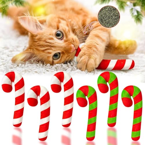 BeYumi 6 STK Weihnachts Zauberstab Catnip Spielzeug Set für Katzen, Indoor-Katzen Kauen Beissen Kick Plush Catmint Haustiere Spielzeug Katze Liebhaber Katzenspielzeug für Haustiere von BeYumi