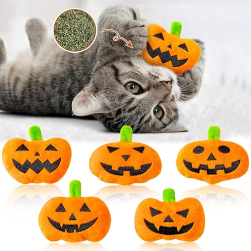 BeYumi Halloween Kürbis Jack Katzenminzspielzeug - 5teiliges Halloween Kürbis Jack O Latern Katzenminzspielzeug für Hauskatzen, Weiches Plush Oranges Katzenbedarf, Kätzchen Kauspielzeug-Set von BeYumi