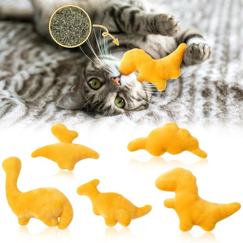 BeYumi Dino Nugget Katzenminz Spielzeug - 5Pcs Dino-Nugget-Katzenspielzeug Dinosaurier-Hühnchen-Katzenminz Interaktive Geschenkidee für Hauskatzen Plush-Goldenes Katzen-Zubehör Kauspielzeug-Set von BeYumi