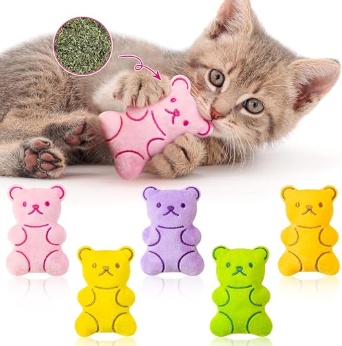 BeYumi Katzen minz Spielzeug Hauskatzen - 5teilige Gummibär-Farbenfrohes Bären-Katzenminzspielzeug Weiches Plush Bonbon-Katzenzubehör, Kätzchen Kauspielzeug-Set Candy Panda Mint Catnip Toys von BeYumi