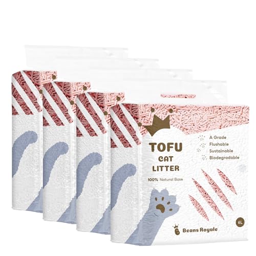 Beans Royale 4pcs Pack (6L x 4) Tofu Cat Litter, Clumping Kitty Litter, Flushable, Dust Free, Odor Control, Low Tracking, Lightweight (3mm Peach 4 Packs) von Beans Royale