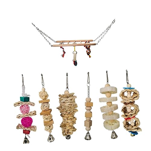 Beaupretty 1 Satz 7st Hängende Glocke Vogelkäfig Spielzeug Holzspielzeug Kauspielzeug Spielzeug Für Haustiere Kletterspielzeug Vogel Papagei Hängende Barsch Hängematte Hölzern Spielset Kauen von Beaupretty