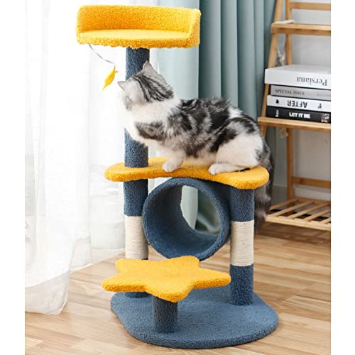 BebeXi katzenbaum Holz Indoor-Katze mit Kratzbaum mit Kratzbrett Kratzbaumständer Kätzchen mit hängendem Ball Sprungplattform Bohrkatze Kletterturm von BebeXi