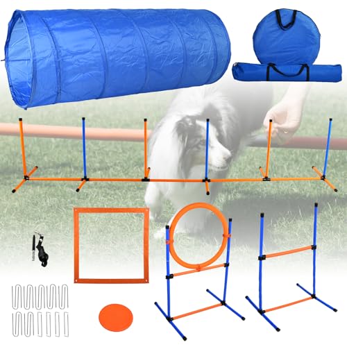 Bebegigi Deluxe-Agility-Trainingsgeräte-Set für Hunde, Agility-Tunnel, 2 Agility-Sprünge für Hunde, Pausenbox, Agility-Webstangen und mehr, Bestes Hunde-Hinderniskurs, Hinterhof-Set mit Tragetaschen, von Bebegigi