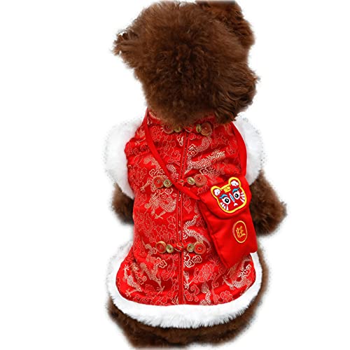 Hundekostüm für Hunde, Wintermantel mit roter Tasche, Neujahrs-Outfit, chinesischer Cheongsam, warme Jacke, Teddy-Zwergspitz-Kleidung für kleine, mittelgroße Hunde (2XL) von Bechanming