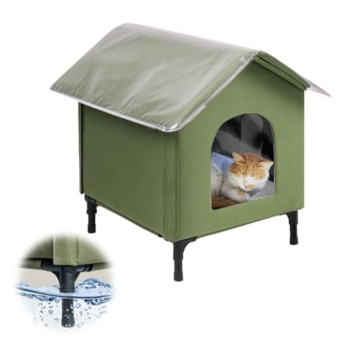 Becuddler Katzenhaus für Katzen im Freien, wetterfest, wilde Katzenhütte mit Fluchttür, wasserdichtes erhöhtes Haustierhaus mit weichem Pad, PVC-Abdeckung, Vorhang, Scheune, Veranda (groß/grün) von Becuddler