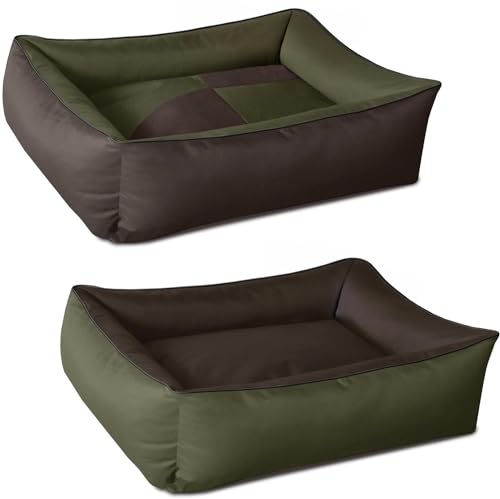 BedDog 2in1 Hundebett MAX Quattro, großes Hundekörbchen aus Cordura, waschbares Hundebett mit Rand, Hundesofa für drinnen, draußen, M, Mystic, grün-braun von BedDog