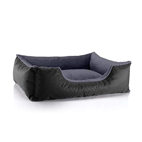 BedDog Hundebett Teddy, Hundesofa aus Cordura und Microfaser-Velours, waschbares Hundebett mit Rand, Hundekissen Vier-eckig, für drinnen, draußen, Größe L, schwarz-grau von BedDog