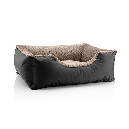 BedDog Hundebett Teddy, Hundesofa aus Cordura und Microfaser-Velours, waschbares Hundebett mit Rand, Hundekissen Vier-eckig, für drinnen, draußen, Größe M, schwarz-beige von BedDog