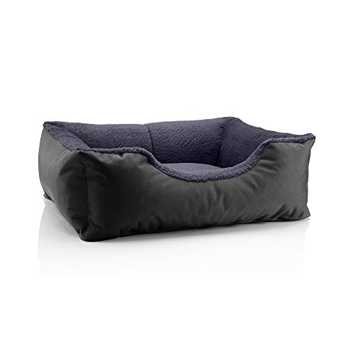 BedDog Hundebett Teddy, Hundesofa aus Cordura und Microfaser-Velours, waschbares Hundebett mit Rand, Hundekissen Vier-eckig, für drinnen, draußen, Größe M, schwarz-grau von BedDog