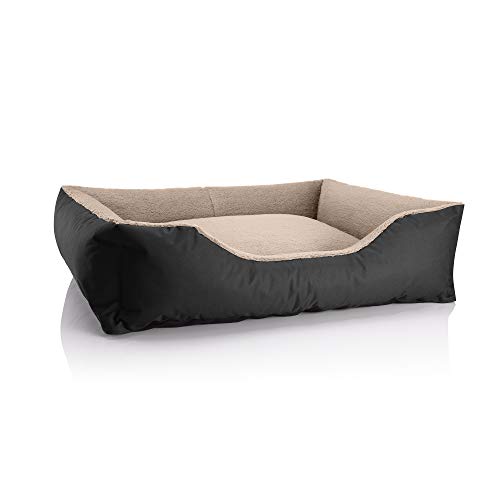 BedDog Hundebett Teddy, Hundesofa aus Cordura und Microfaser-Velours, waschbares Hundebett mit Rand, Hundekissen Vier-eckig, für drinnen, draußen, Größe XL, schwarz-beige von BedDog