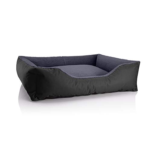 BedDog Hundebett Teddy, Hundesofa aus Cordura und Microfaser-Velours, waschbares Hundebett mit Rand, Hundekissen Vier-eckig, für drinnen, draußen, Größe XL, schwarz-grau von BedDog