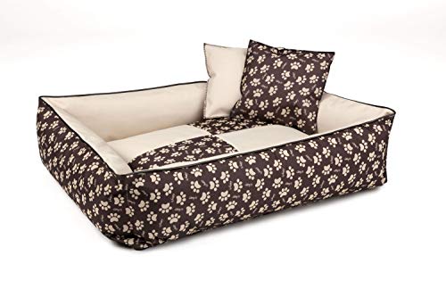 BedDog 2in1 Hundebett MAX Quattro, großes Hundekörbchen aus Cordura, waschbares Hundebett mit Rand, Hundesofa für drinnen, draußen, M, Melange-Dog, beige-braun mit Pfoten von BedDog