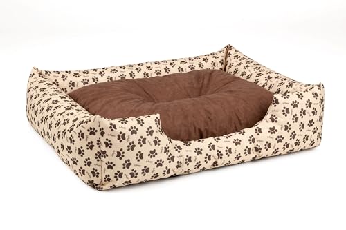 BedDog Hundebett Mimi, Hundesofa aus Cordura, Microfaser-Velours, waschbares Hundebett Vier-eckig mit Rand, Hundekissen für drinnen, draußen, L, beige-braun mit Pfoten von BedDog